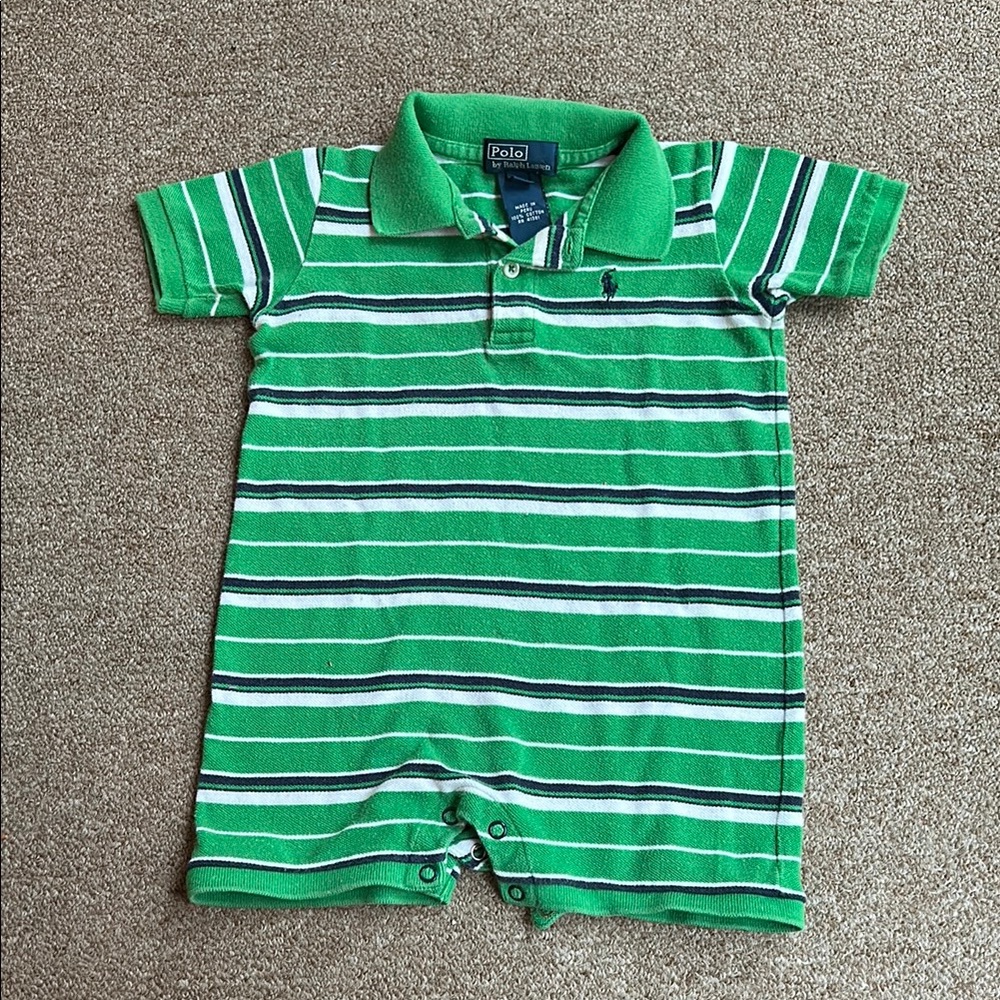 Polo by Ralph Lauren Green and White Striped Polo Shirt /Onesie - 12 month size